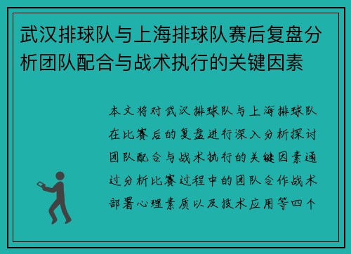 武汉排球队与上海排球队赛后复盘分析团队配合与战术执行的关键因素