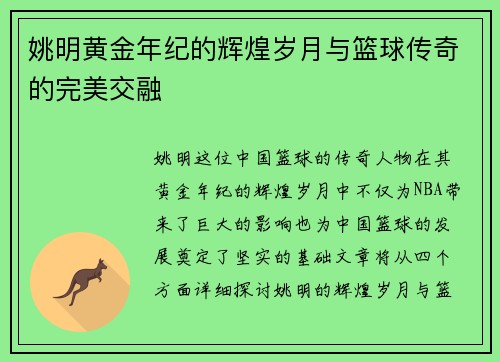 姚明黄金年纪的辉煌岁月与篮球传奇的完美交融